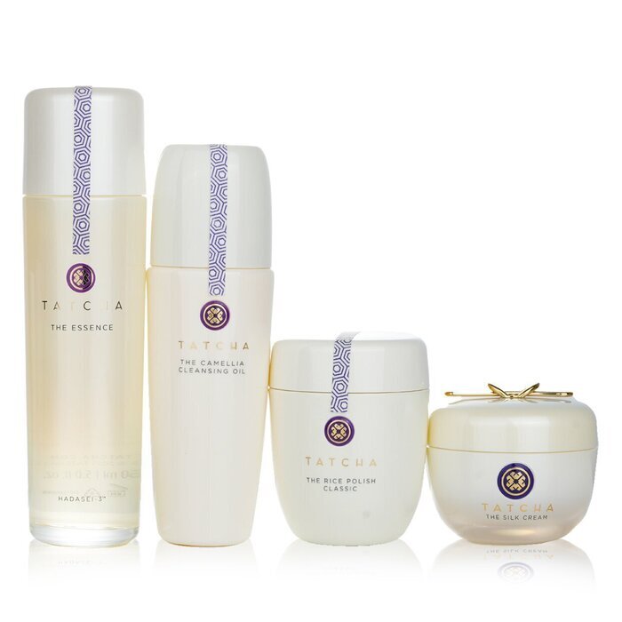 Tatcha Ritual für straffe Haut, Set: Kamelien-Reinigungsöl 150 ml + Essenz 150 ml + Seidencreme 50 ml + Reispolitur 60 g, 4-tlg.