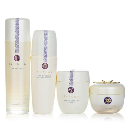 Tatcha Ritual für straffe Haut, Set: Kamelien-Reinigungsöl 150 ml + Essenz 150 ml + Seidencreme 50 ml + Reispolitur 60 g, 4-tlg.